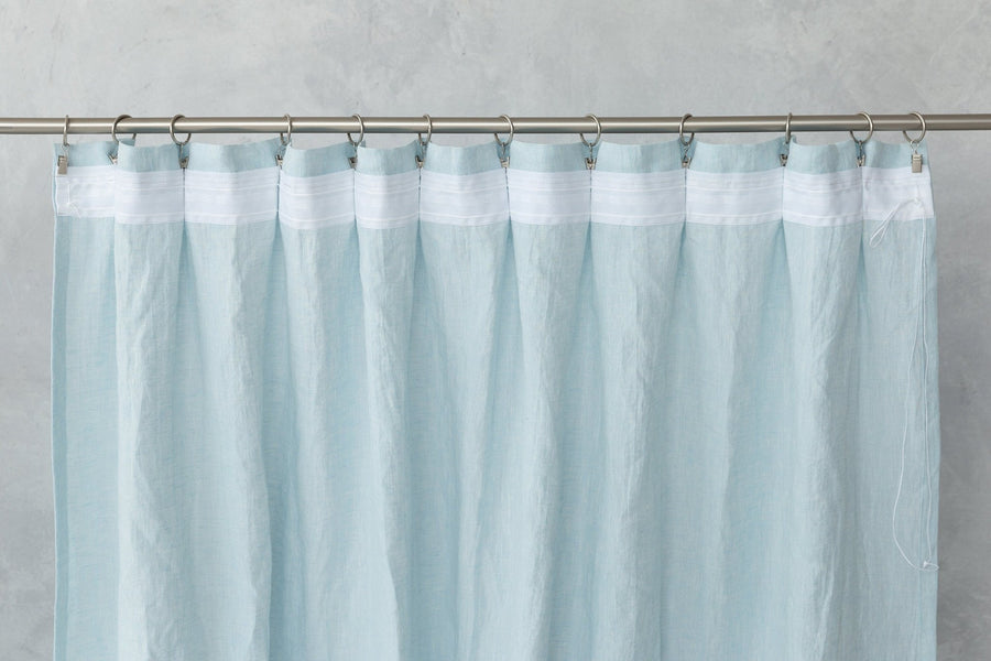 Baby Blue linen curtain with pleating tape and crown - Linen Couture