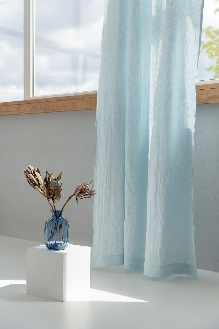 Baby Blue linen curtain with pleating tape and crown - Linen Couture