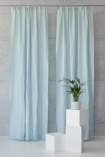 Baby Blue linen curtain with pleating tape and crown - Linen Couture