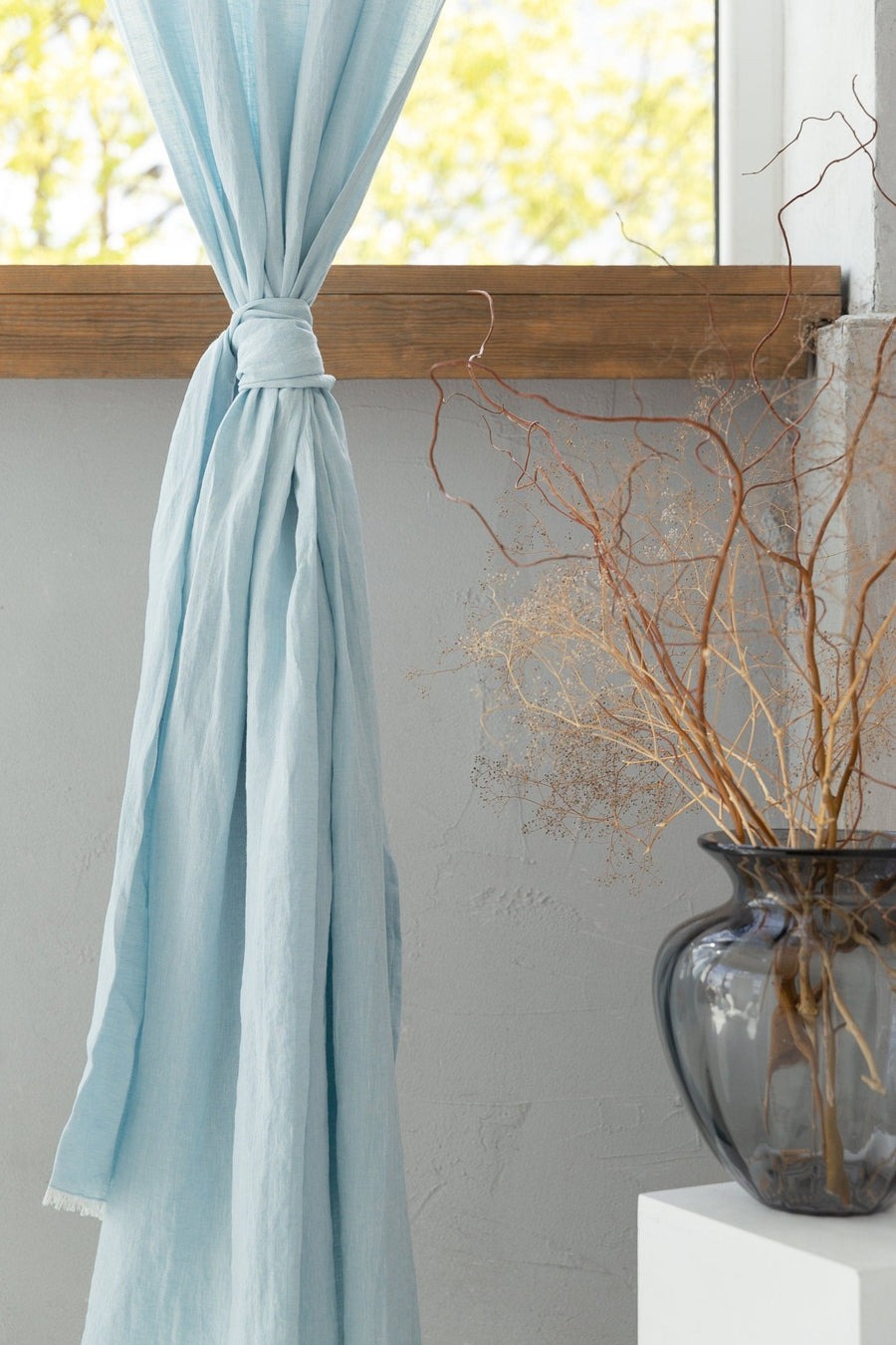 Baby Blue linen curtain with pleating tape and crown - Linen Couture