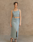 Bella Vita Set in Greyish Mint | Linen Crop Top and Midi Skirt - Linen Couture