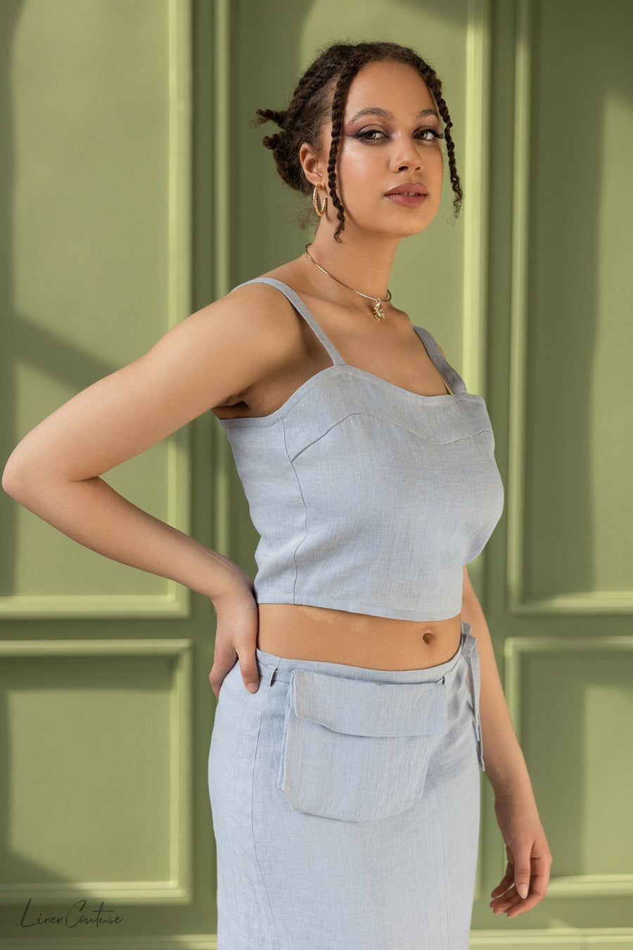 Bella Vita Set in Light Grey | Linen Crop Top and Midi Skirt - Linen Couture