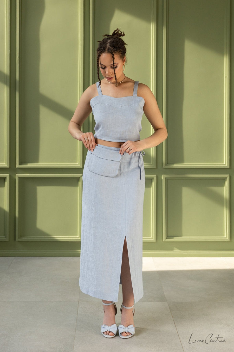 Bella Vita Set in Light Grey | Linen Crop Top and Midi Skirt - Linen Couture