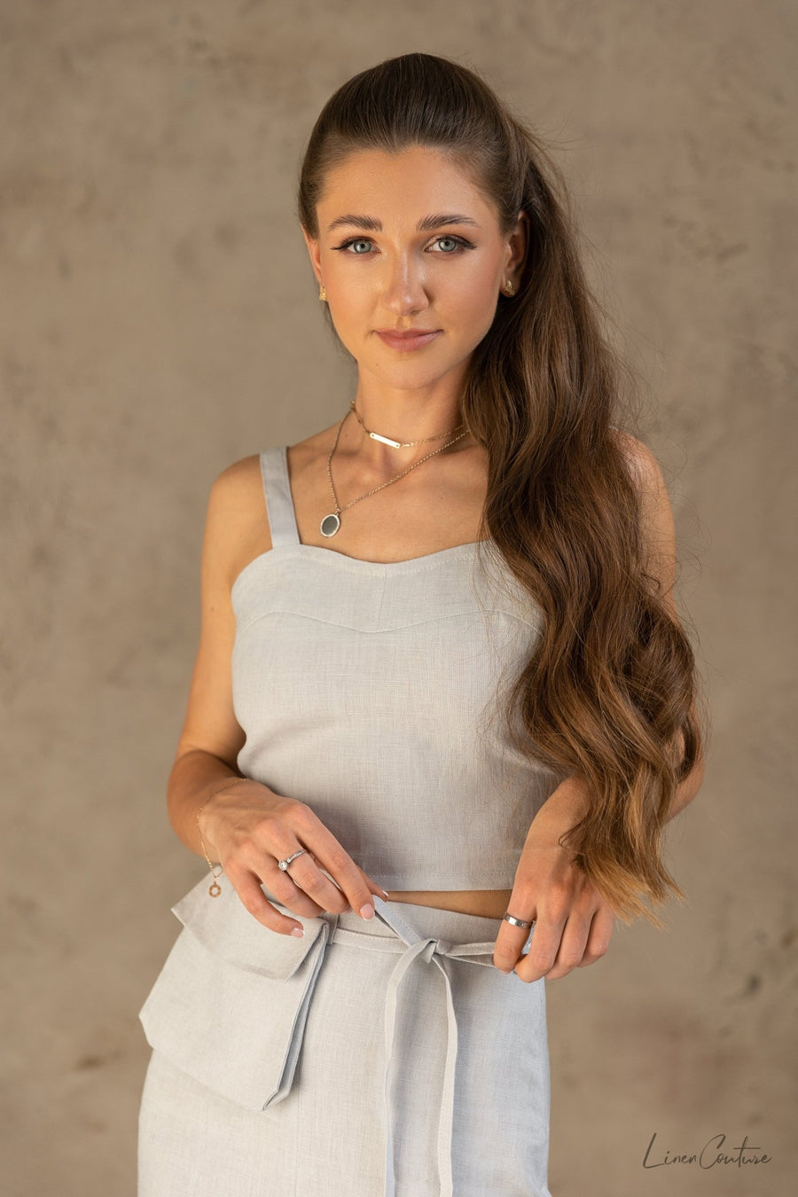 Bella Vita Set in Light Grey | Linen Crop Top and Midi Skirt - Linen Couture