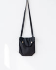 Black Linen Shoulder Bag with Coconut Buttons and Adjustable Strap - Linen Couture