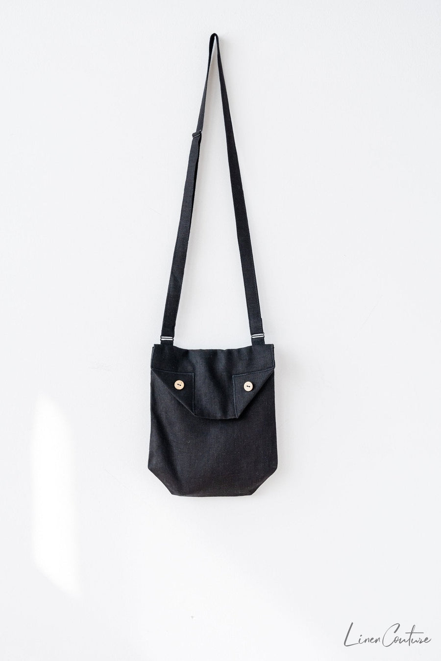 Black Linen Shoulder Bag with Coconut Buttons and Adjustable Strap - Linen Couture