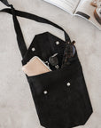 Black Linen Shoulder Bag with Coconut Buttons and Adjustable Strap - Linen Couture