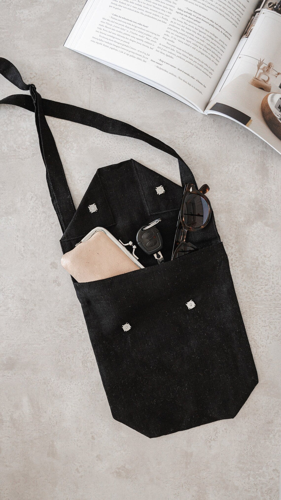 Black Linen Shoulder Bag with Coconut Buttons and Adjustable Strap - Linen Couture