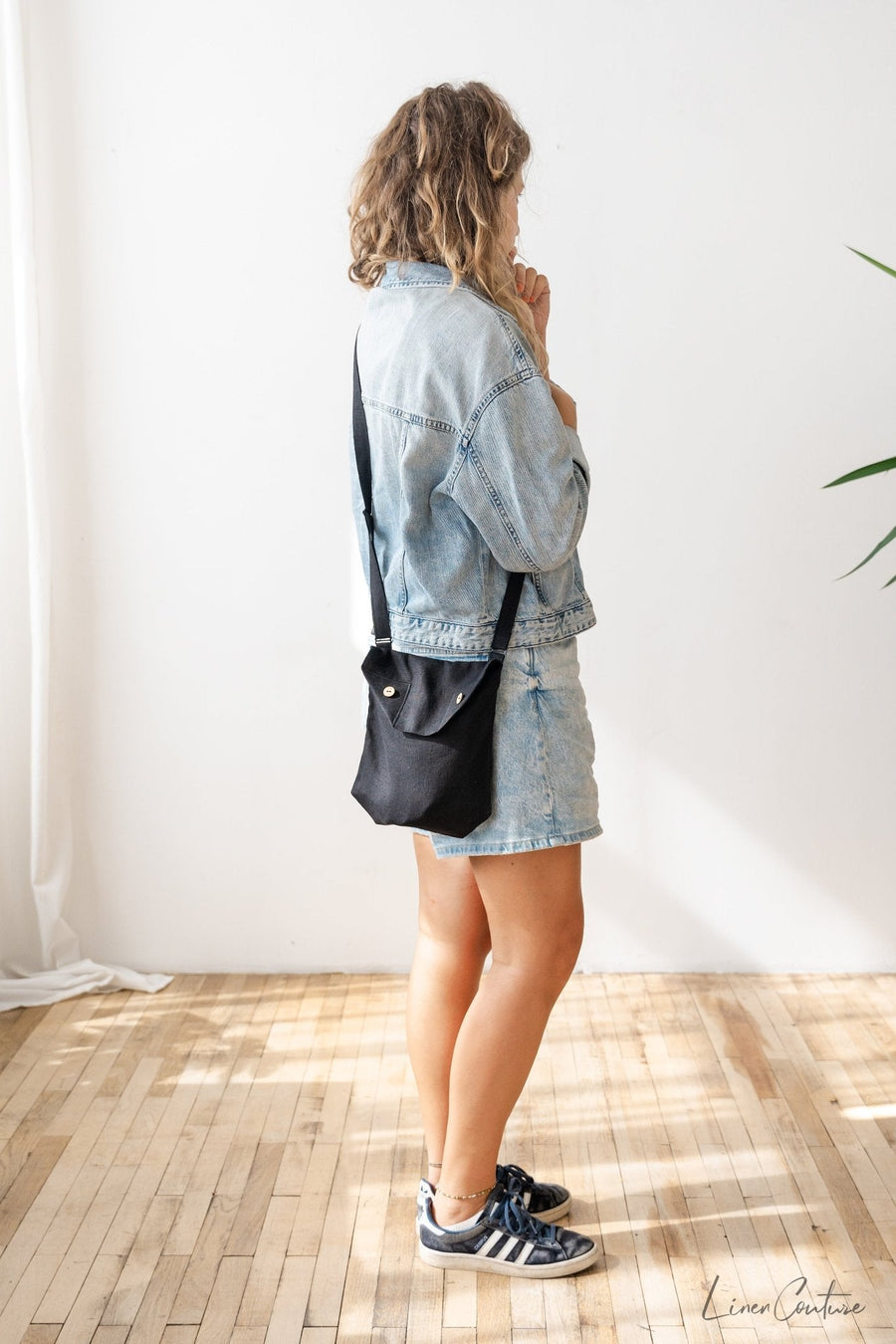 Black Linen Shoulder Bag with Coconut Buttons and Adjustable Strap - Linen Couture