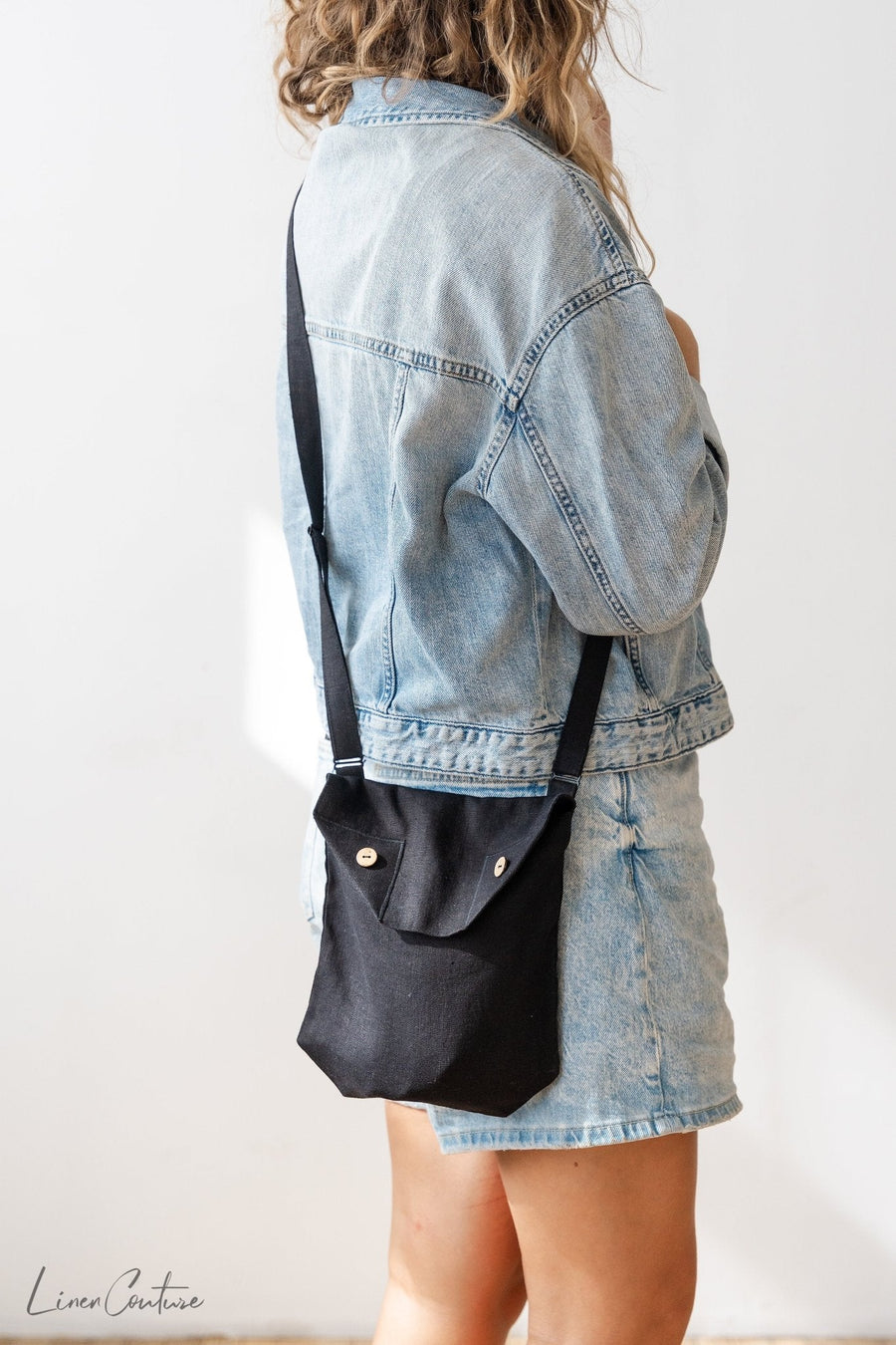 Black Linen Shoulder Bag with Coconut Buttons and Adjustable Strap - Linen Couture