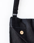 Black Linen Shoulder Bag with Coconut Buttons and Adjustable Strap - Linen Couture