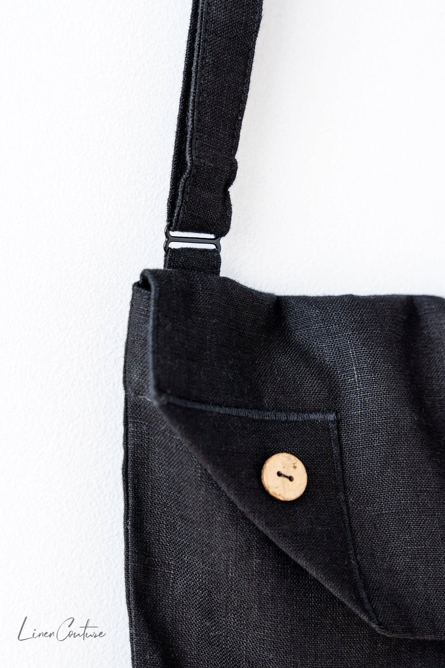 Black Linen Shoulder Bag with Coconut Buttons and Adjustable Strap - Linen Couture