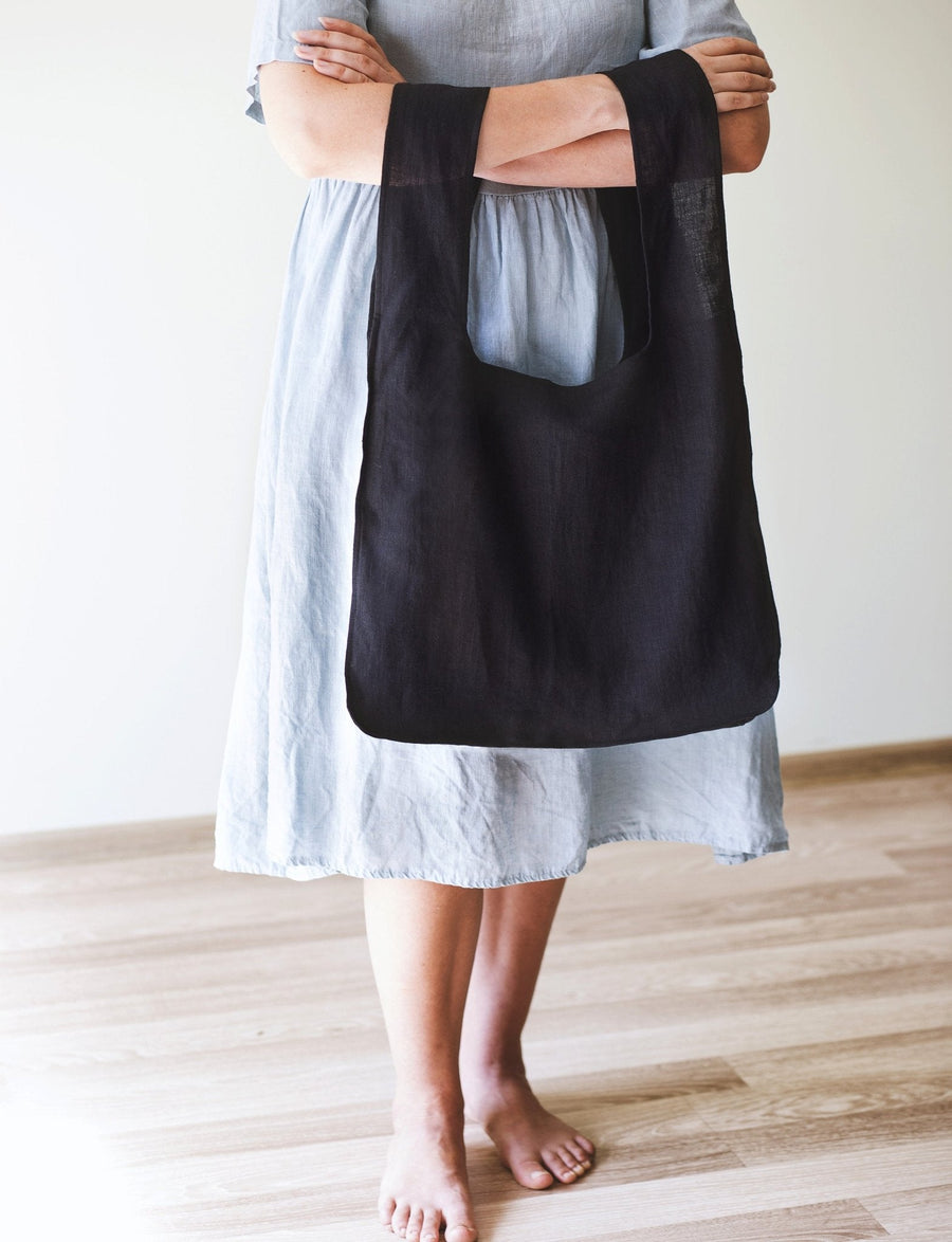 Black linen tote bag with inside pocket - Linen Couture