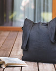 Black linen tote bag with inside pocket - Linen Couture