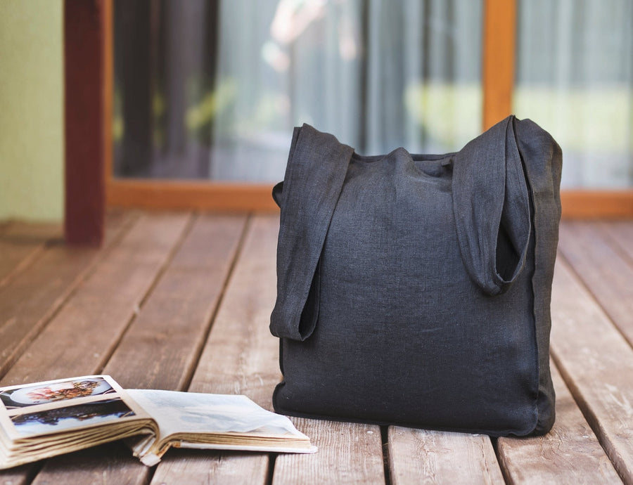 Black linen tote bag with inside pocket - Linen Couture