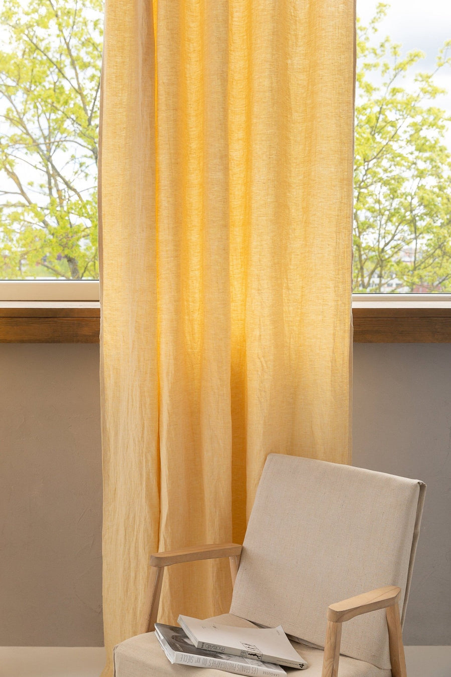 Canary Yellow linen curtain with pleating tape - Linen Couture