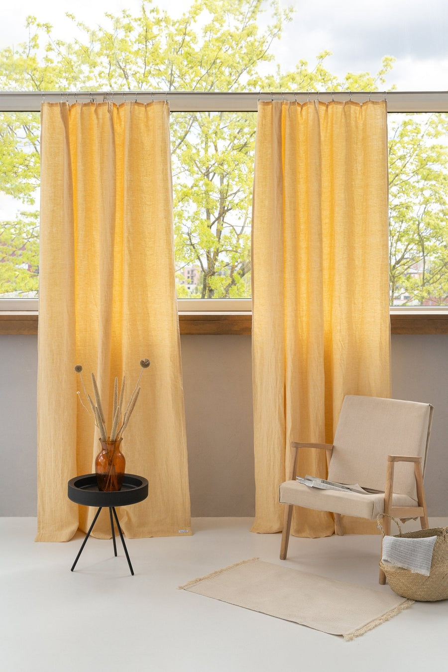 Canary Yellow linen curtain with pleating tape - Linen Couture