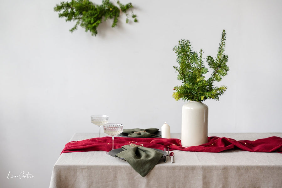 Christmas Cyclamen Red Dining Table Runner - Linen Couture