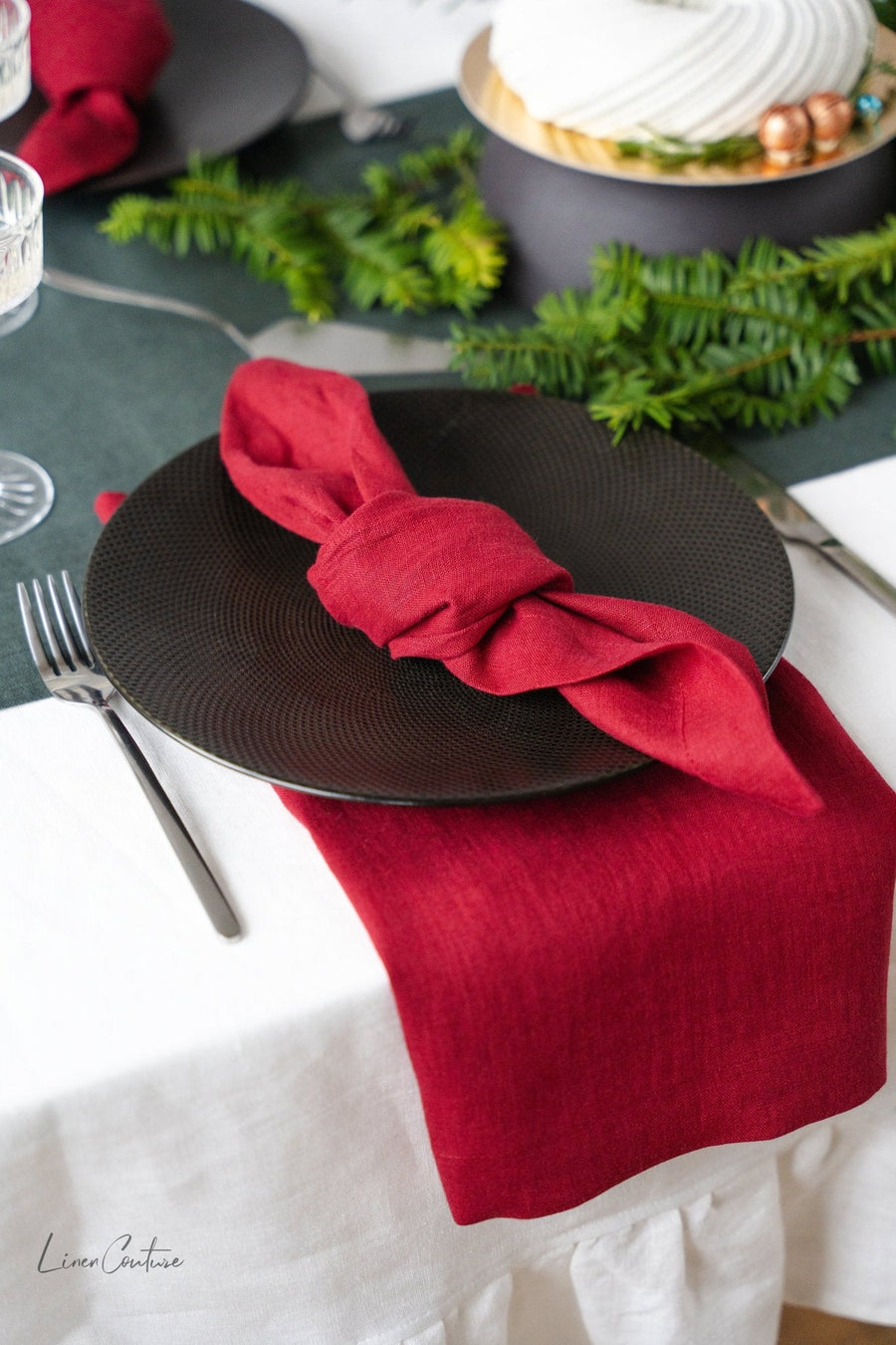 Christmas Cyclamen Red Linen Dinner Napkins - Linen Couture