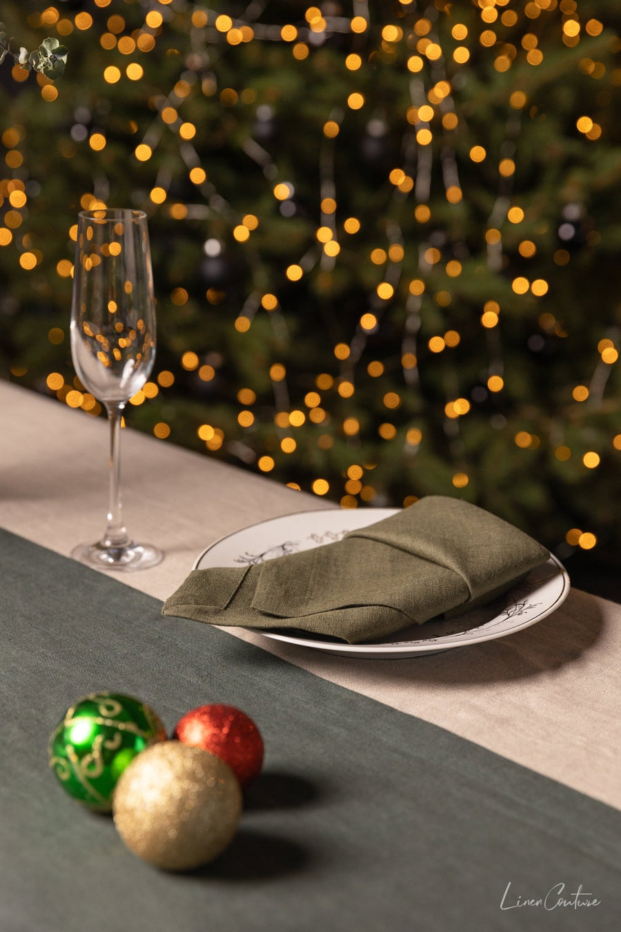 Christmas Moss Green Linen Dinner Napkins - Linen Couture