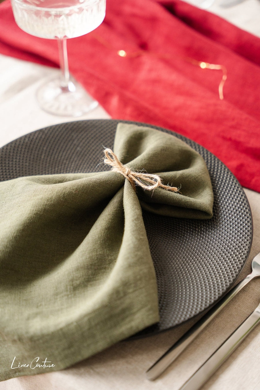 Christmas Moss Green Linen Dinner Napkins - Linen Couture