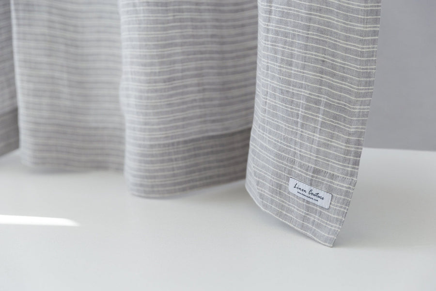 Cloudy Grey Stripe linen curtain with pleating tape and crown - Linen Couture