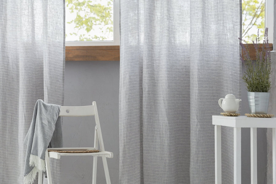 Cloudy Grey Stripe linen curtain with pleating tape and crown - Linen Couture