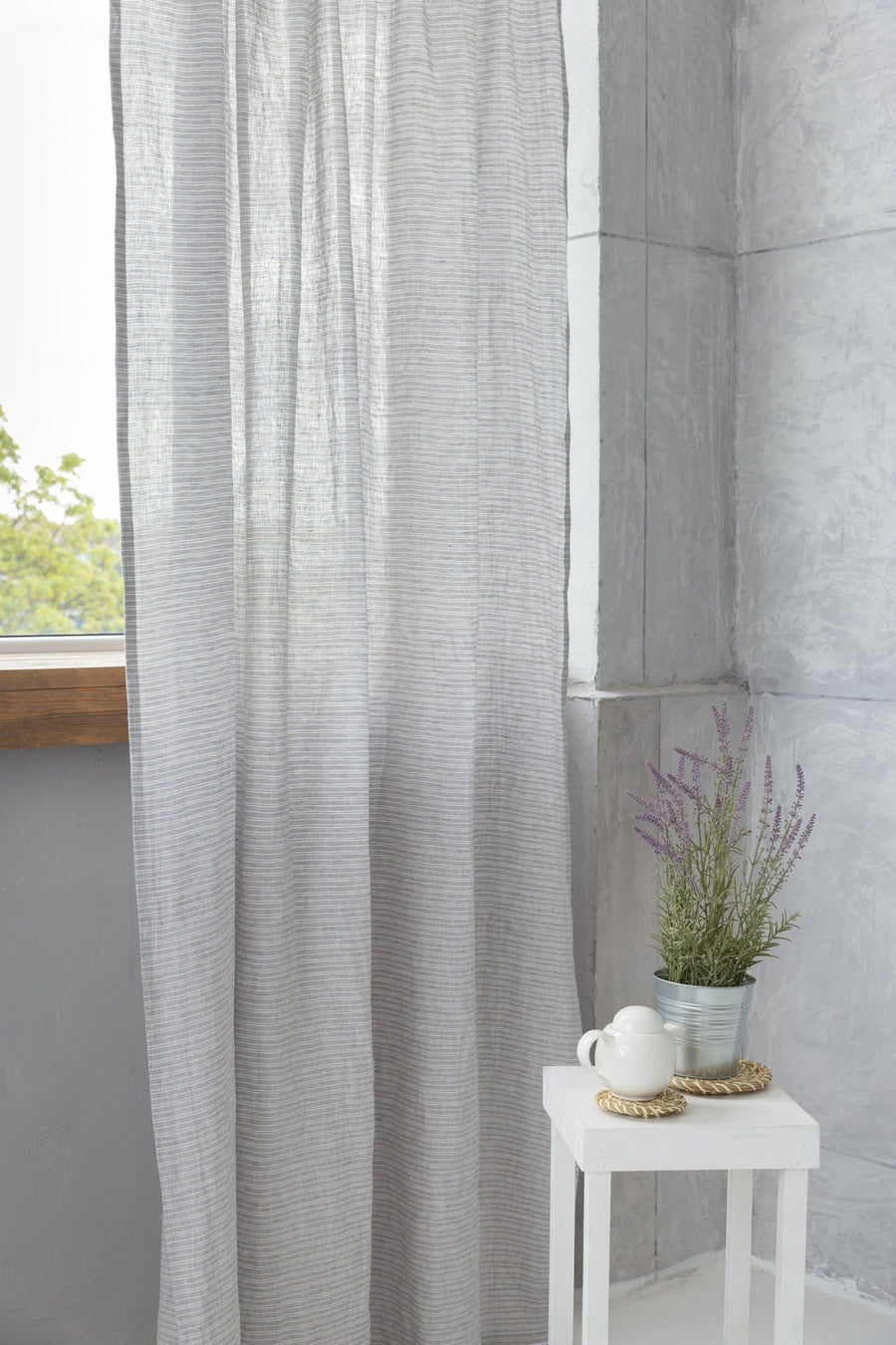 Cloudy Grey Stripe linen curtain with pleating tape and crown - Linen Couture