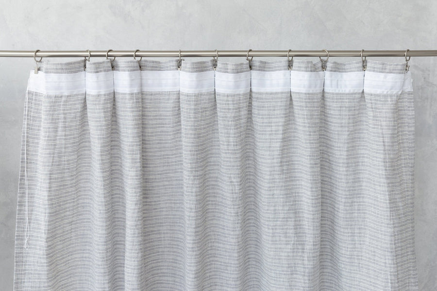 Cloudy Grey Stripe linen curtain with pleating tape and crown - Linen Couture