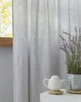 Cloudy Grey Stripe linen curtain with pleating tape and crown - Linen Couture