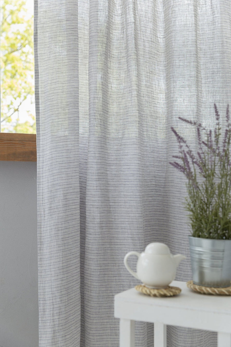 Cloudy Grey Stripe linen curtain with pleating tape and crown - Linen Couture