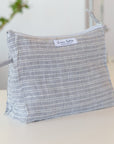 Cloudy Grey Stripe linen large makeup bag - Linen Couture