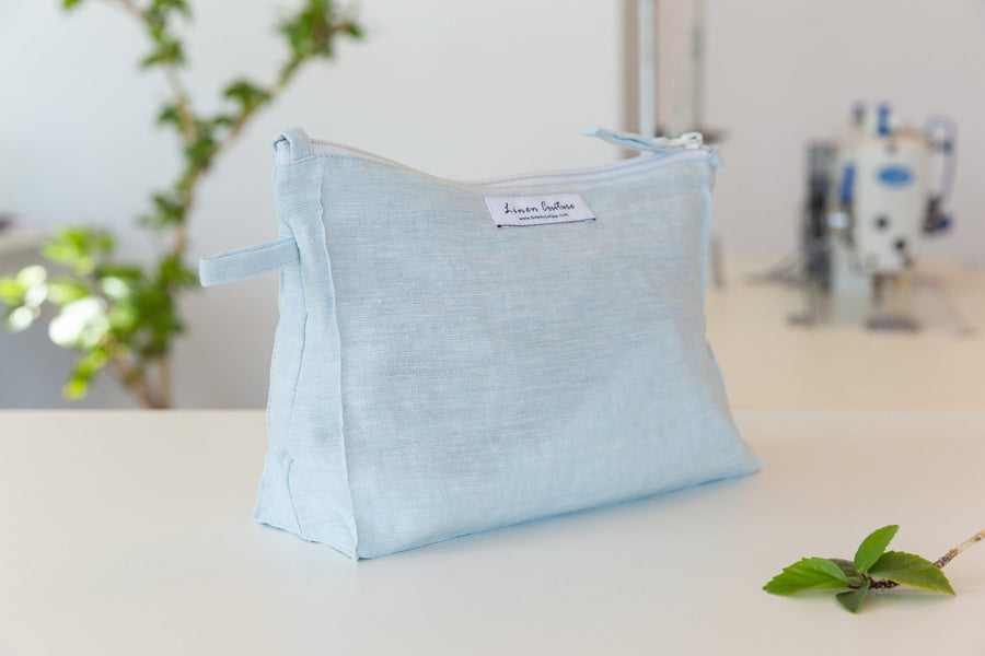 Cloudy Grey Stripe linen large makeup bag - Linen Couture