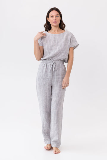 Cloudy Grey Stripe linen / Natural Linen Pajama set / Linen loungewear / Linen sleepwear - Linen Couture