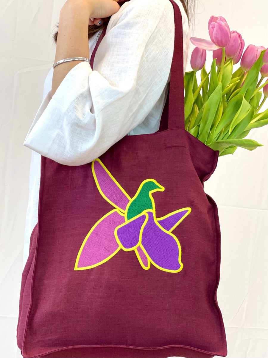 Dark Plum linen tote bag with embroidery - Linen Couture