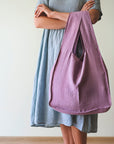 Dark Plum linen tote bag with inside pocket - Linen Couture