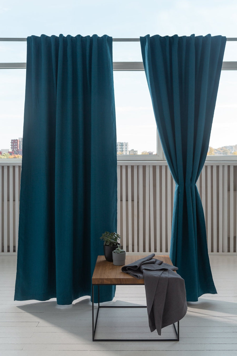 Dark Sea Blue linen curtain with blackout, tape - Linen Couture