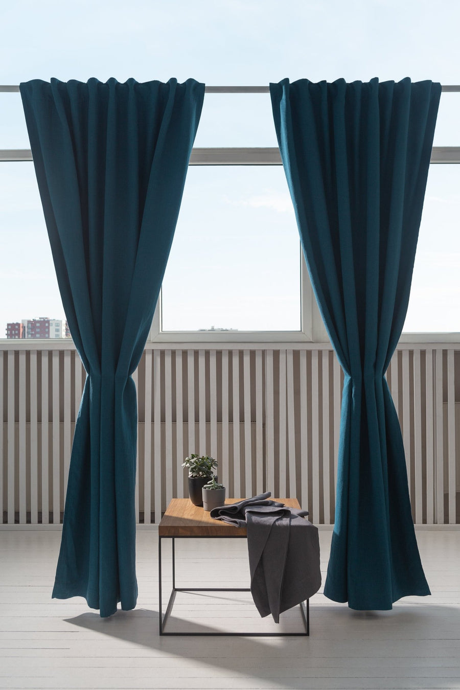 Dark Sea Blue linen curtain with blackout, tape - Linen Couture