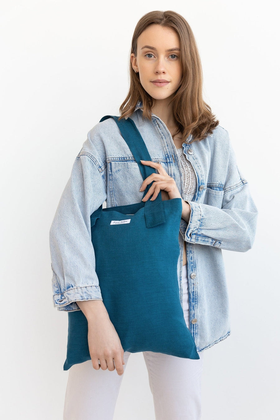 Dark Sea Blue linen large tote bag - Linen Couture