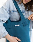 Dark Sea Blue linen large tote bag - Linen Couture