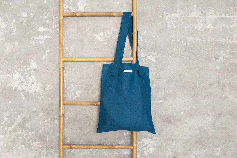 Dark Sea Blue linen large tote bag - Linen Couture