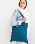 Dark Sea Blue linen large tote bag - Linen Couture