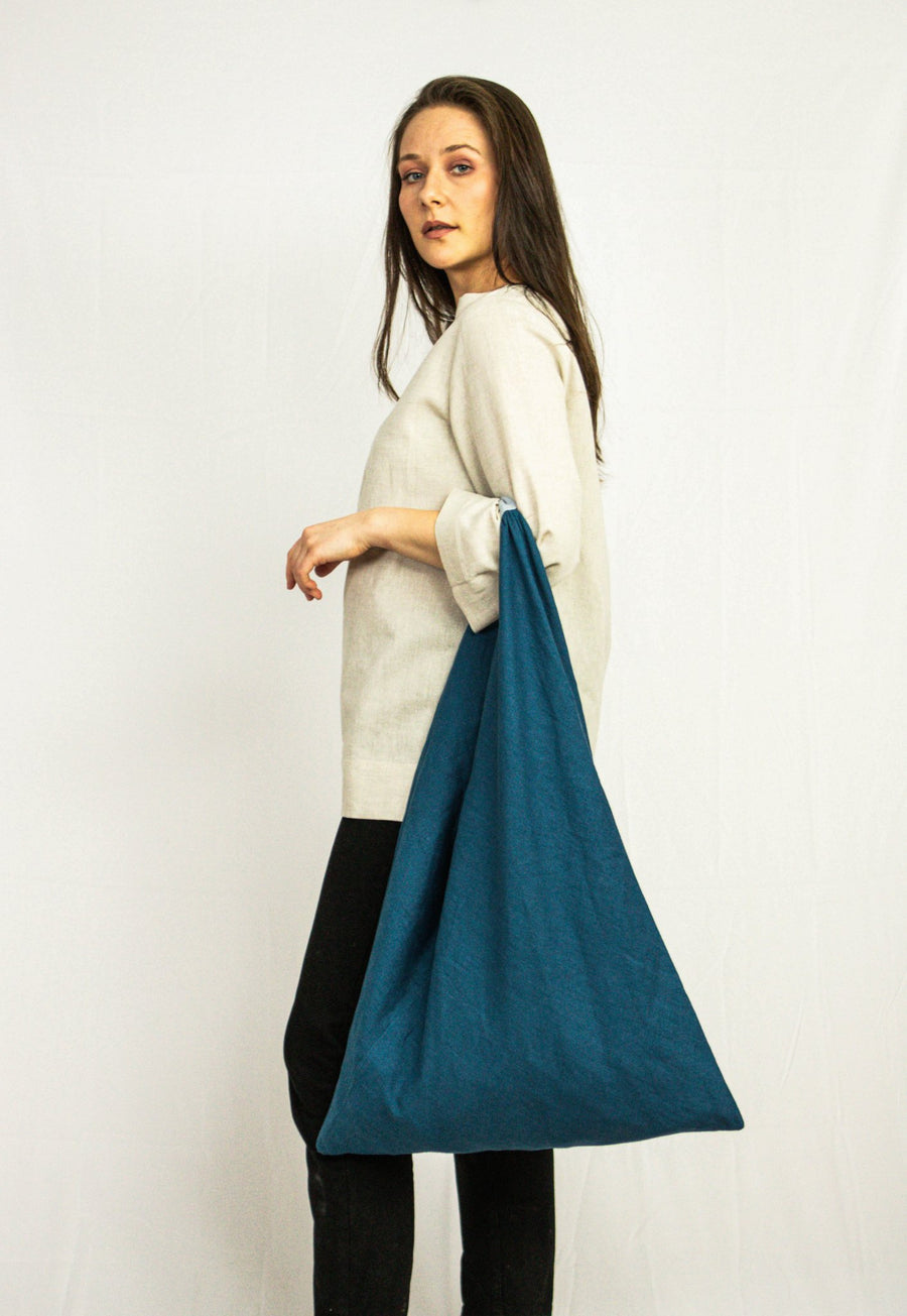 Dark Sea Blue linen triangle bag - Linen Couture