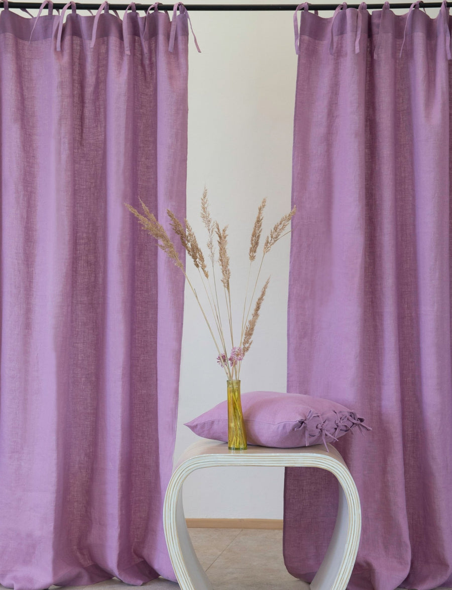 Deep Rose linen curtain with tie tops - Linen Couture