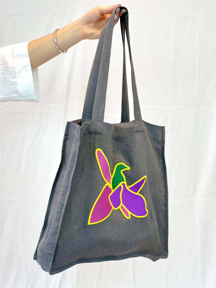 Grey Linen tote bag with embroidery - Linen Couture