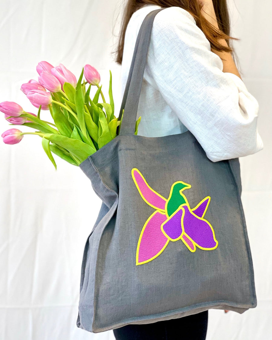 Grey Linen tote bag with embroidery - Linen Couture