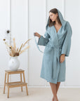 Greyish Mint linen robe with hoodie - Linen Couture