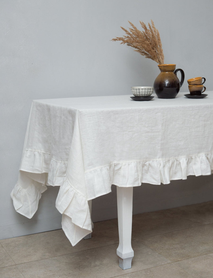 Honey linen tablecloth with ruffles - Linen Couture