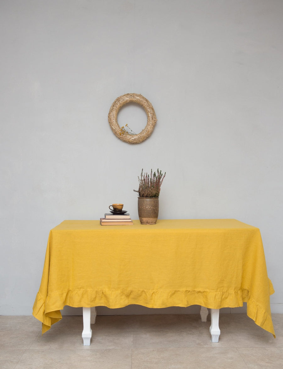 Honey linen tablecloth with ruffles - Linen Couture