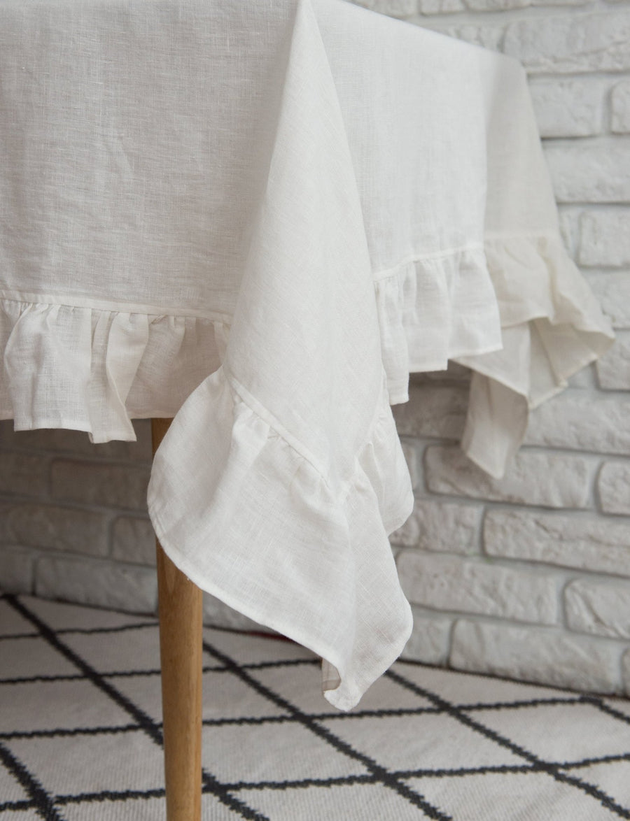 Honey linen tablecloth with ruffles - Linen Couture